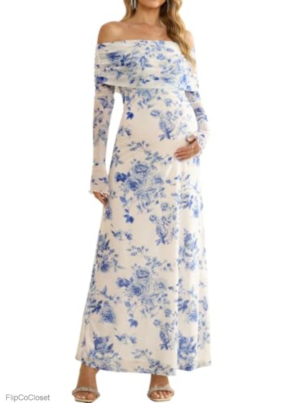 Stretch Floral Maternity Bodycon Maxi Dress Off Shoulder Long Sleeve